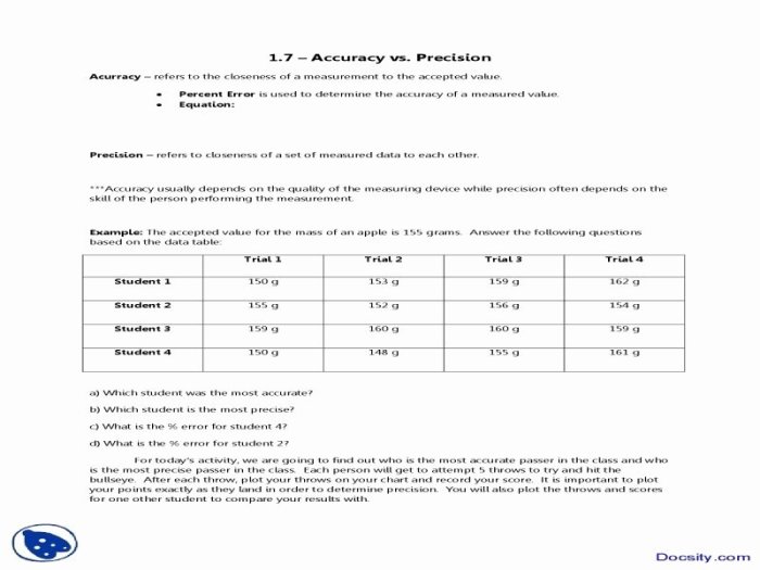 Accuracy and precision chemistry worksheet